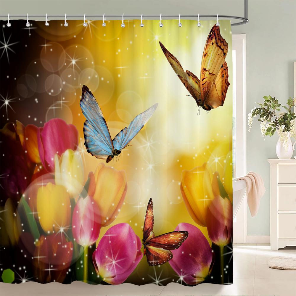 3d Tulip Fresh Flowers Shower Curtains Bathroom Waterproof Floral Bath Curtain Polyester Cloth With Hooks Decorative Bath Screen