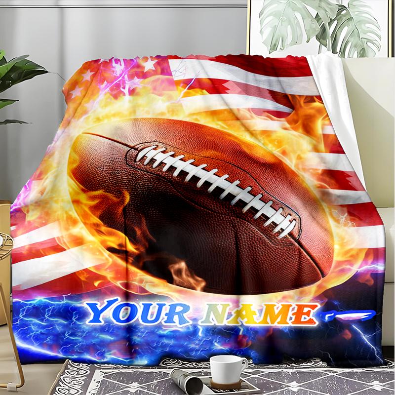 1PC Custom Name American Football Firework outdooor Flannel blankets Patterns Throw Blanket All-Season Soft Gift for Couch, Bed, Camping gifts
