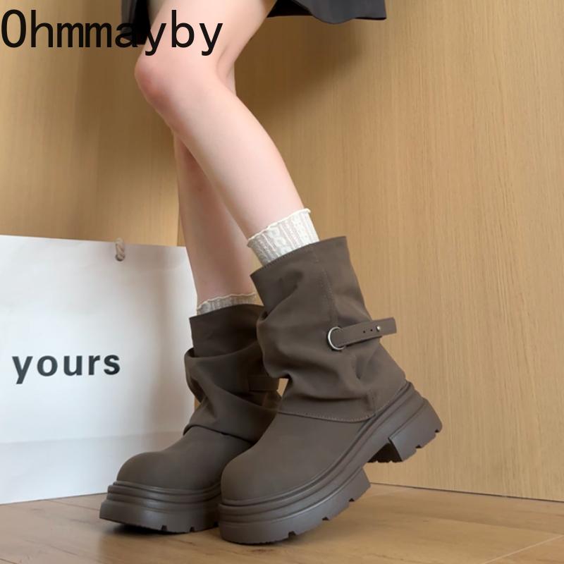 Fashion Thick Bottom Women Pipe Short Boots Punk Style Belt Buckle Slip On Shoes Autumn Winter Women's Motorcycle Booties