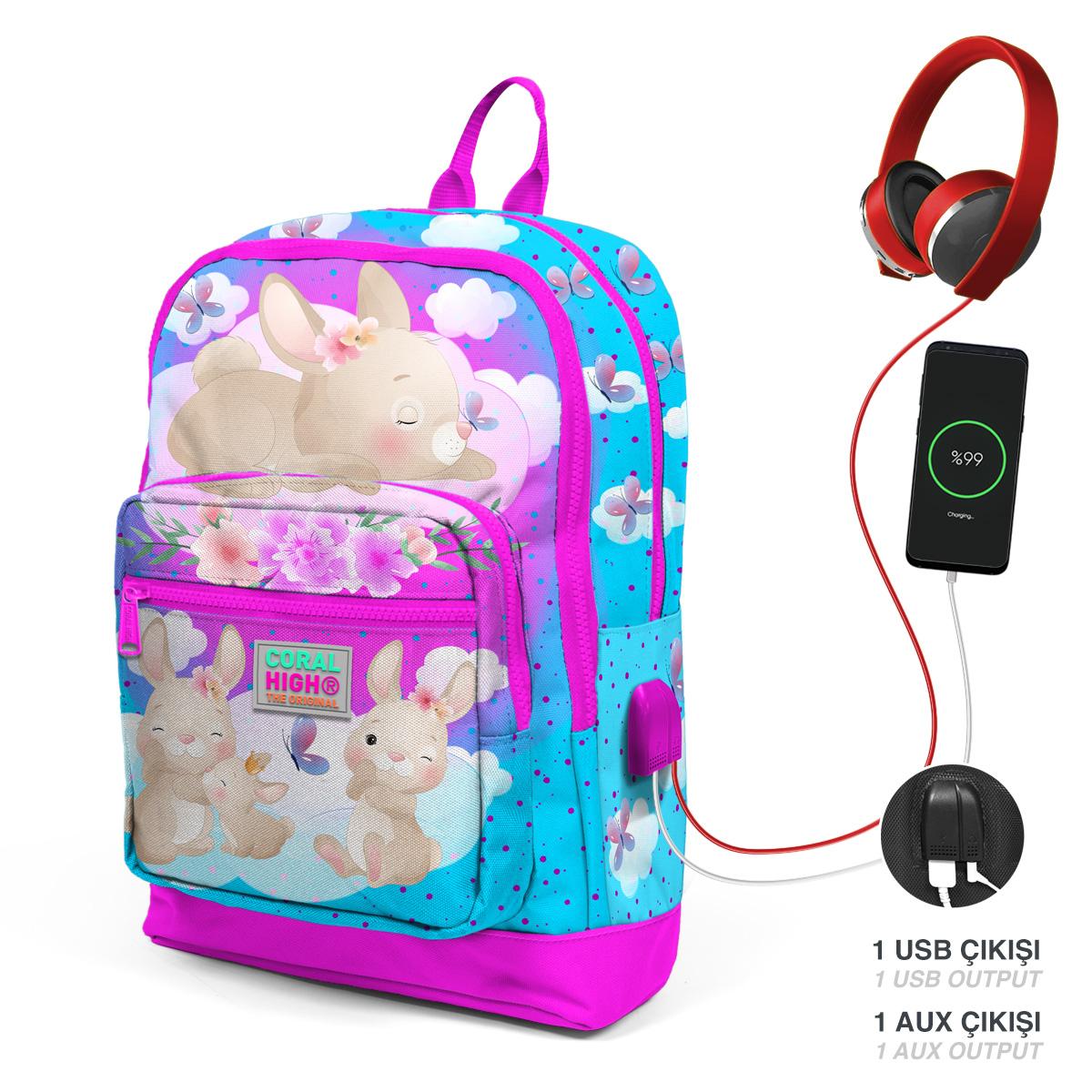 

Школьный рюкзак с четырьмя отделениями Coral High Kids, синий, розовый, с кроликом, USB, 23836