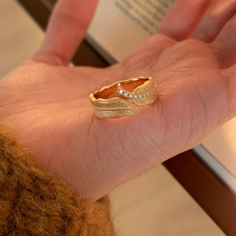 Zircon leaves asymmetrical pattern open ring women's niche design high-end index finger ring fashion light luxury jewelry