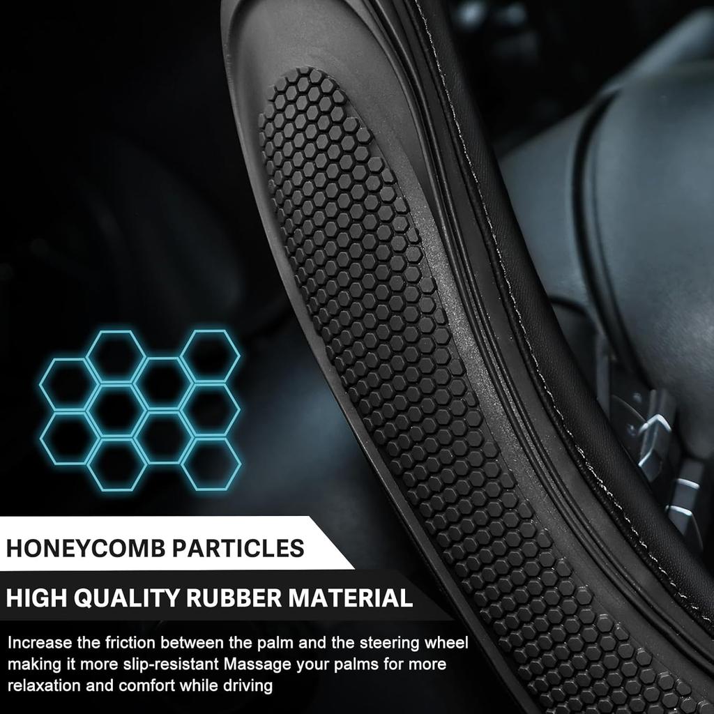 XCBYT Steering Wheel Cover - Black Leather Steering Wheel Wrap Great Grip With 3D Honeycomb Quick And Effortless Tallation Non-Slip Silicone Inner