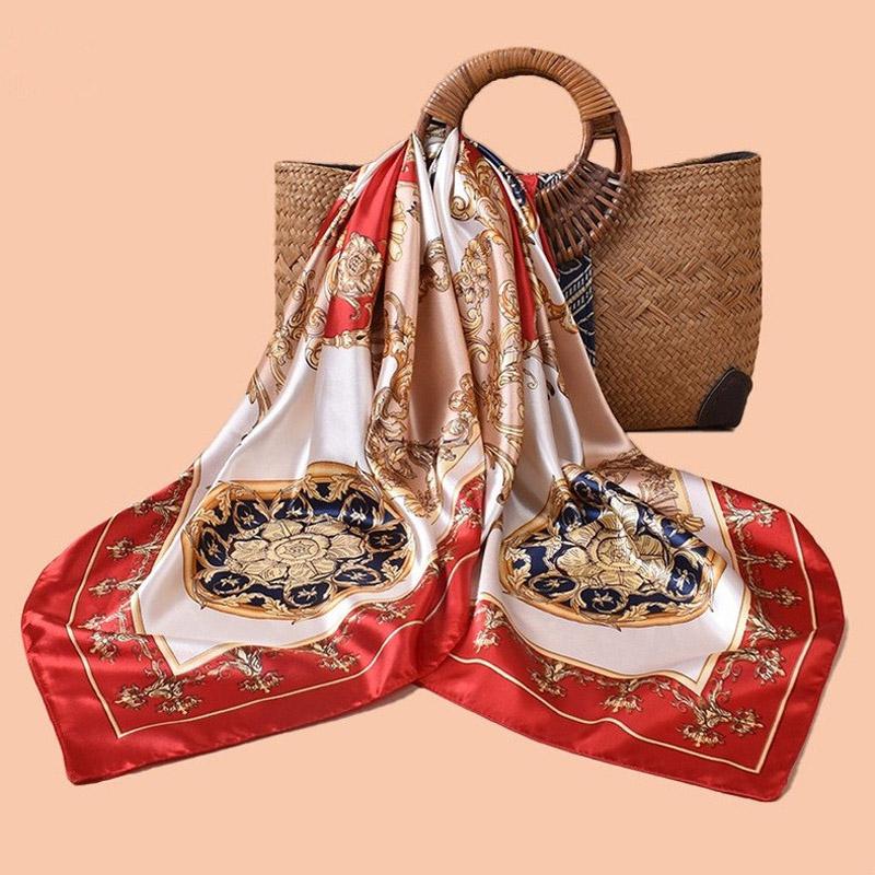 High Quality Print Silk Square Scarf Women Soft Satin Hairband Neckerchief Office Hijab Headband Foulard Bag Ribbons Gift 90Cm