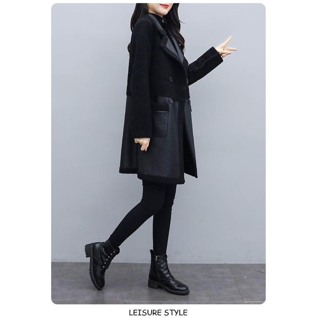 Vintage-Style Women's Mid-Length Leather & Fur Coat - Double-Sided, Fleece-Lined, Spliced Design