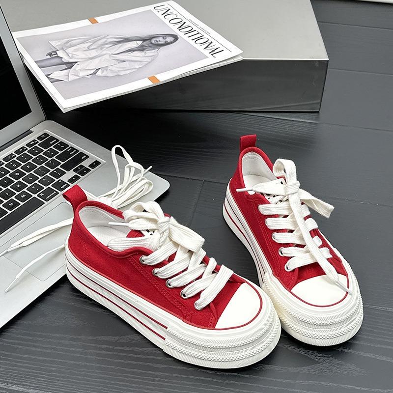 6 Platform Canvas Shoes Women's Round Head White Shoes Versatile Thin College Lace-up Summer New Models