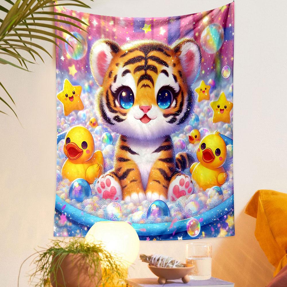 Cute Tiger In Bubble Fun Scene Patterned Tapestry Decorative Wall Hanging, Home Bedroom Living Room Decor