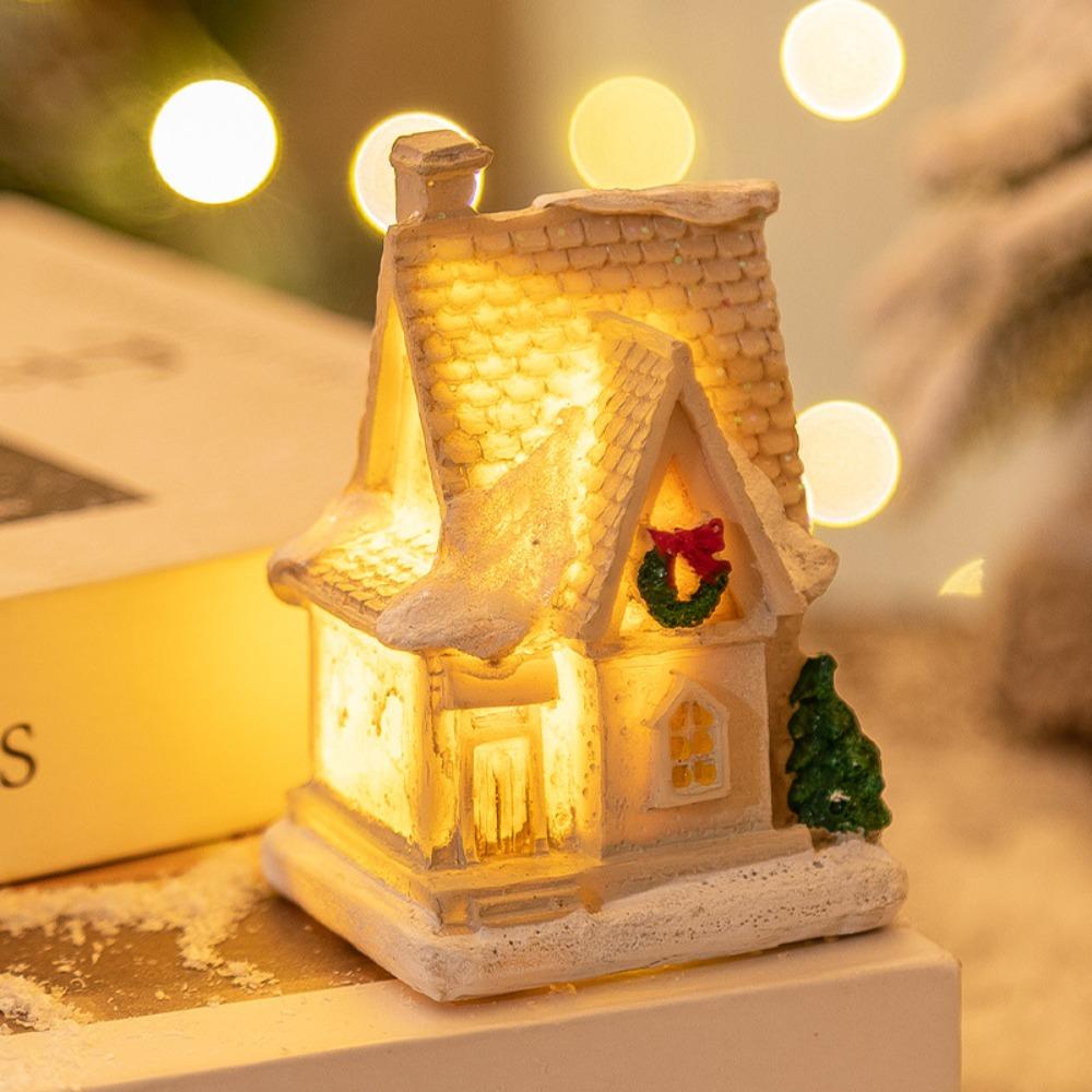 White Christmas Glowing Small House Resin Xmas House Ornament Cartoon Table Decorations Home Decor