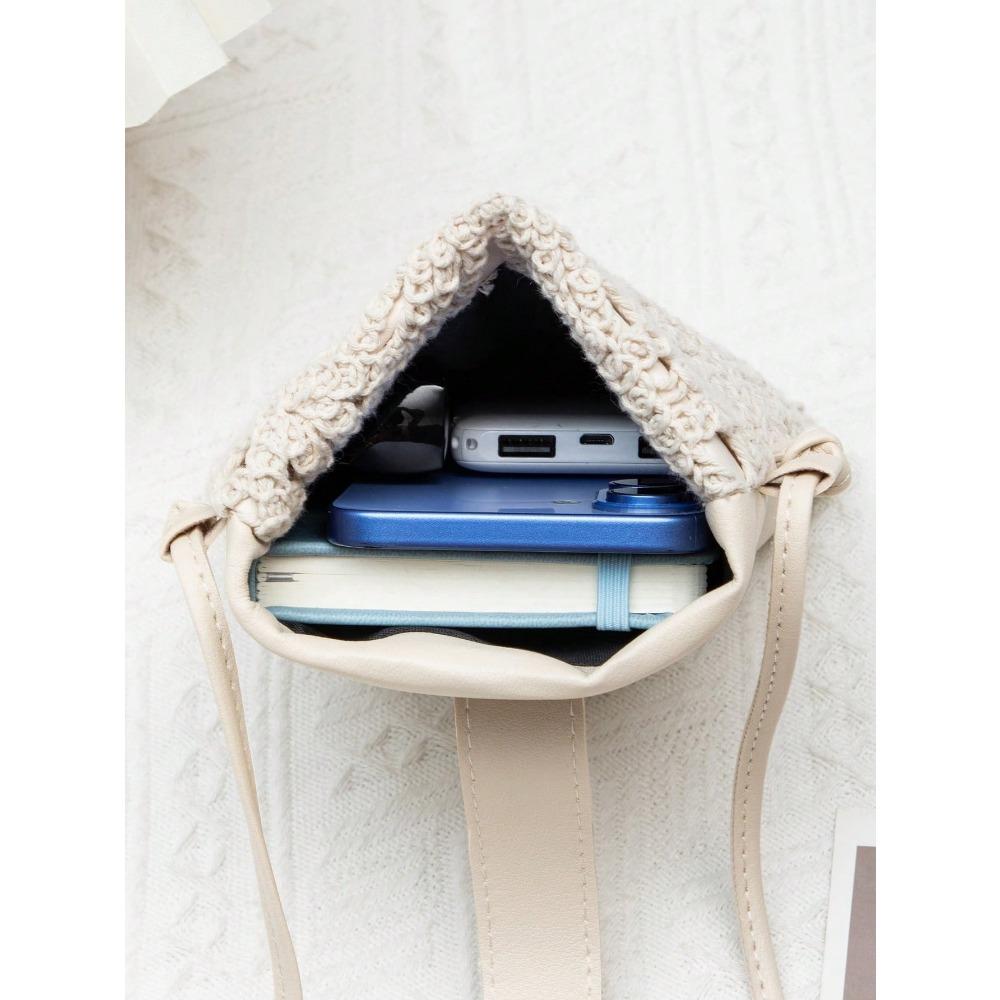 Borsa di Paglia alla Moda Versione Coreana Borsa a Spalla all'Uncinetto Lavorazione a Maglia Vuota Borsa Floreale da Spiaggia Casual Retro per Telefono Cellulare