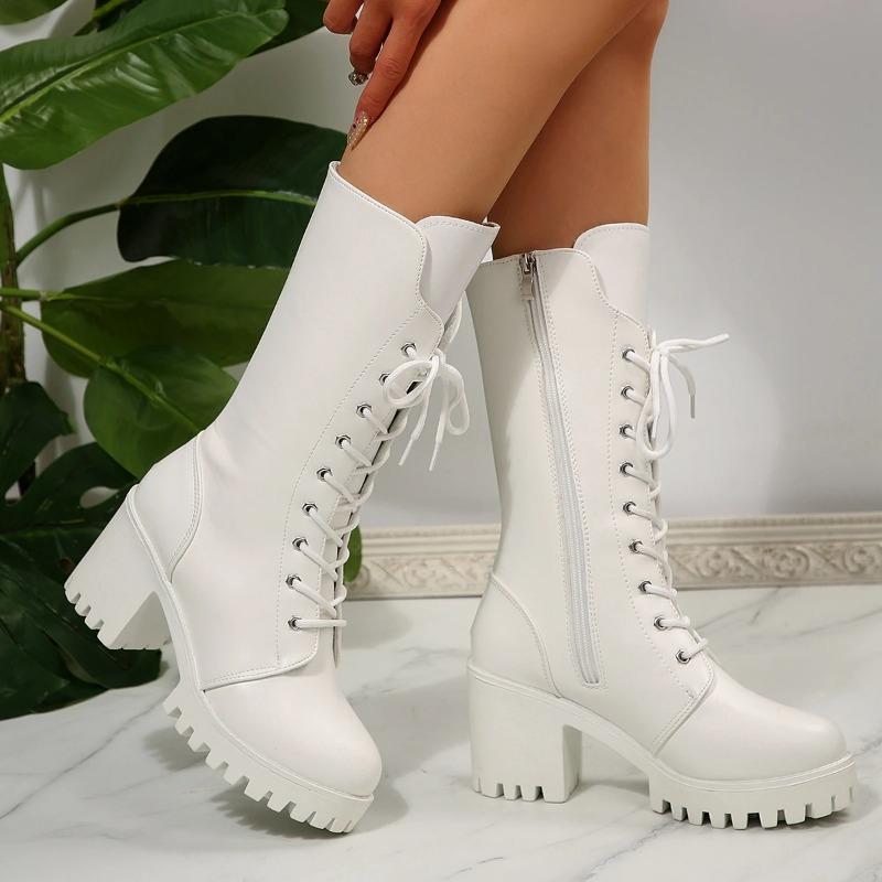 Fashion Small People Heightened Platform Block Heel High Boots Women's Autumn and Winter New 2025 Lace-up Knight Boots