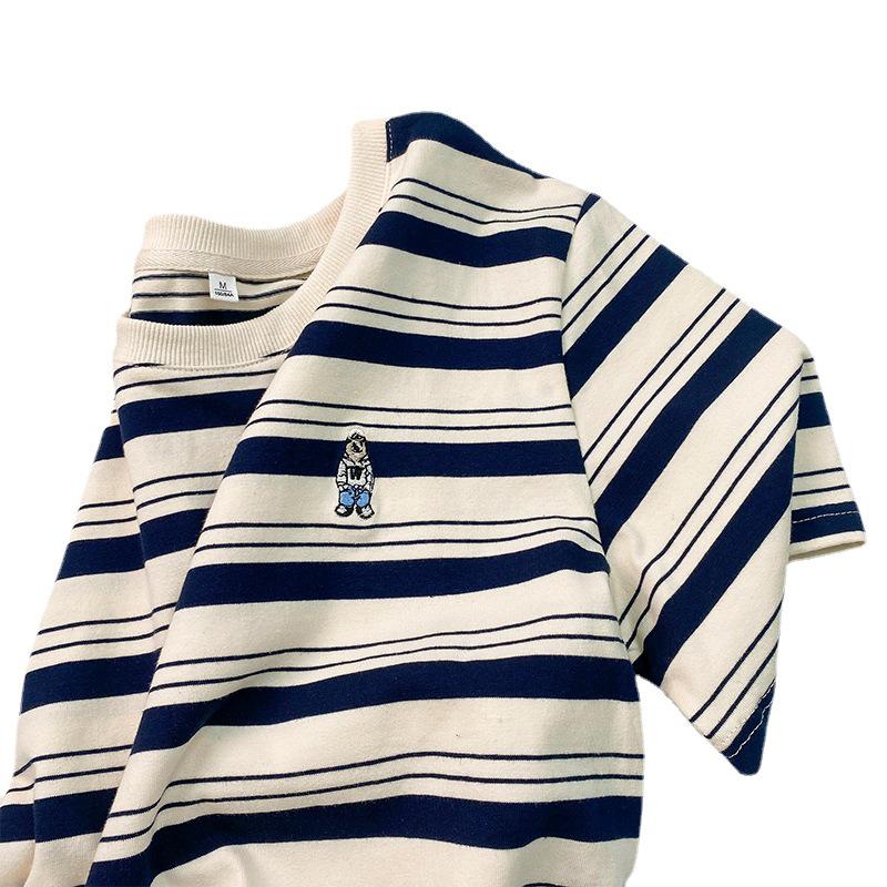 Women's 2023 Summer Cartoon Embroidered Striped Crew Neck Cotton T-Shirt