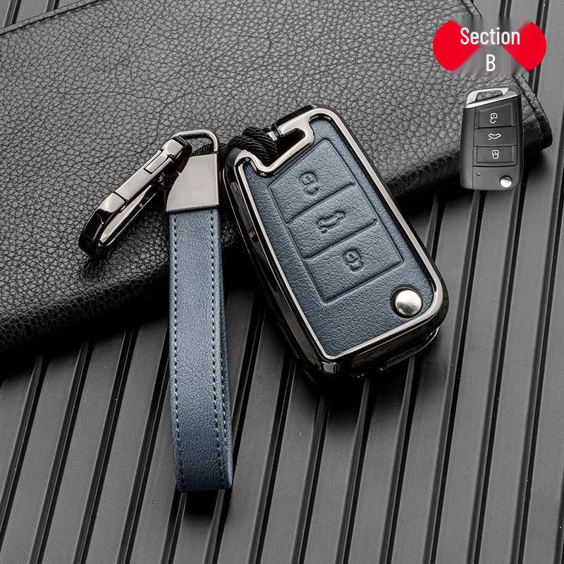 Volkswagen/Skoda Double-Sided Leather Zinc Alloy Car Key Case - Non-Signal Blocking, Full-Wrap Design