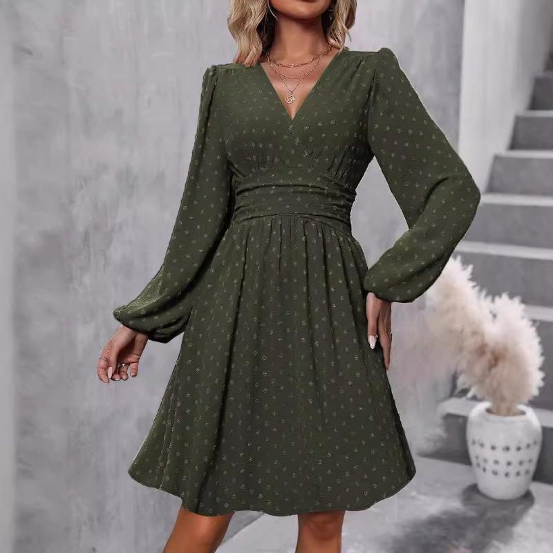 Autumn and Winter Women's Jacquard V-neck Lantern Sleeve Range Dress