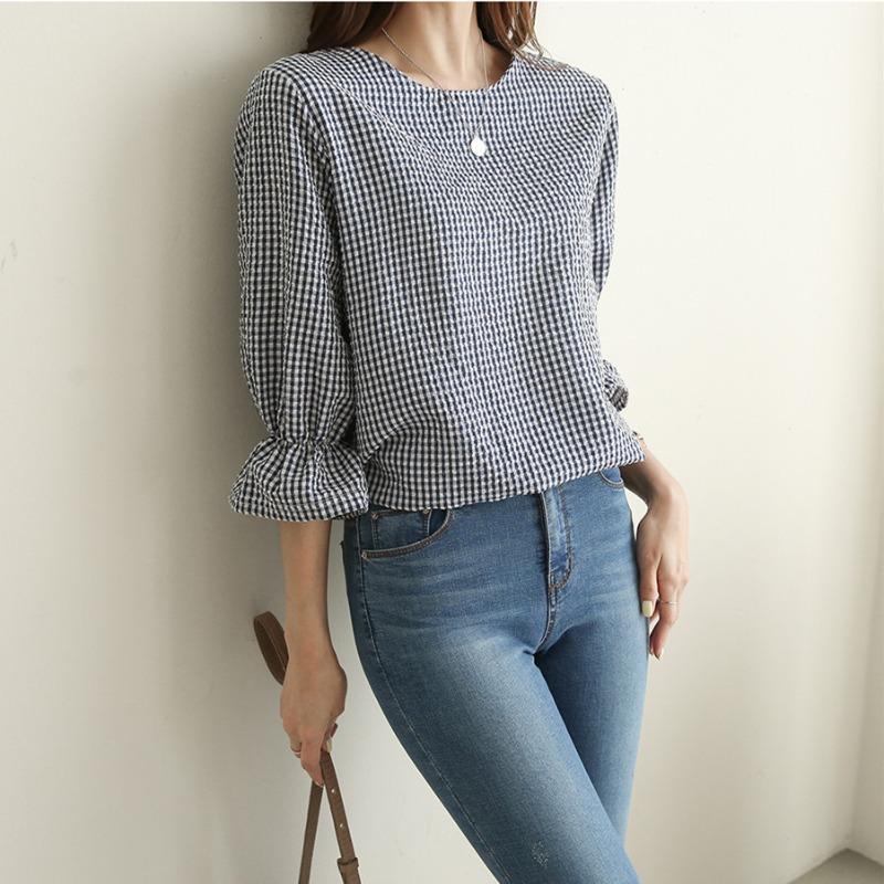 Lotus Leaf Sleeve Thousand Bird Grid Round Neck Casual Top Women's Summer Korean Version Small Fresh Loose Mid Sleeve Tailcoat Shirt