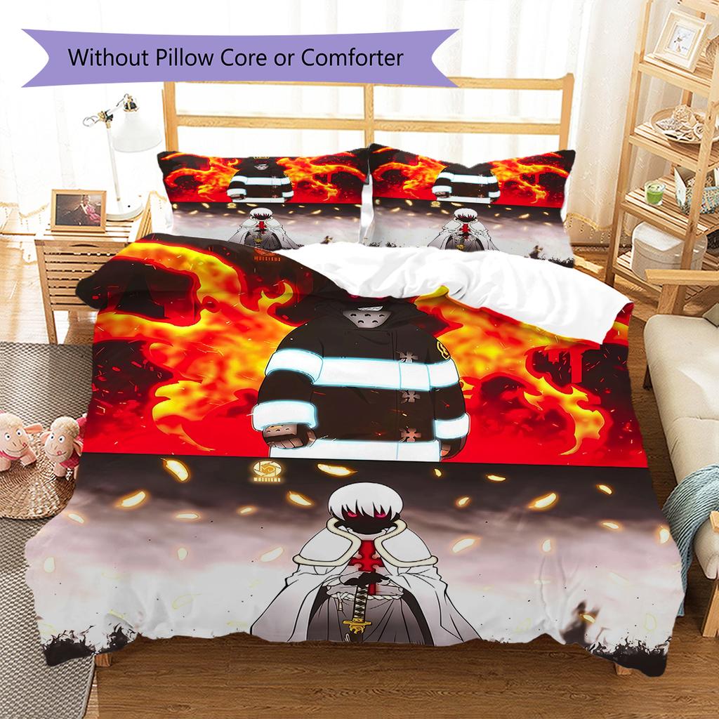 Fire Force Pattern Bedding,Quilt Set Quilt Cover Pillowcase Home Birthday Gift (1 * duvet cover + 2 * pillowcase, without core)