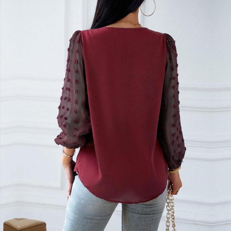 Elegantní podzimní ležérní dámská halenka s dlouhým rukávem, výstřihem do V, jednobarevná, volná, pro dojíždění