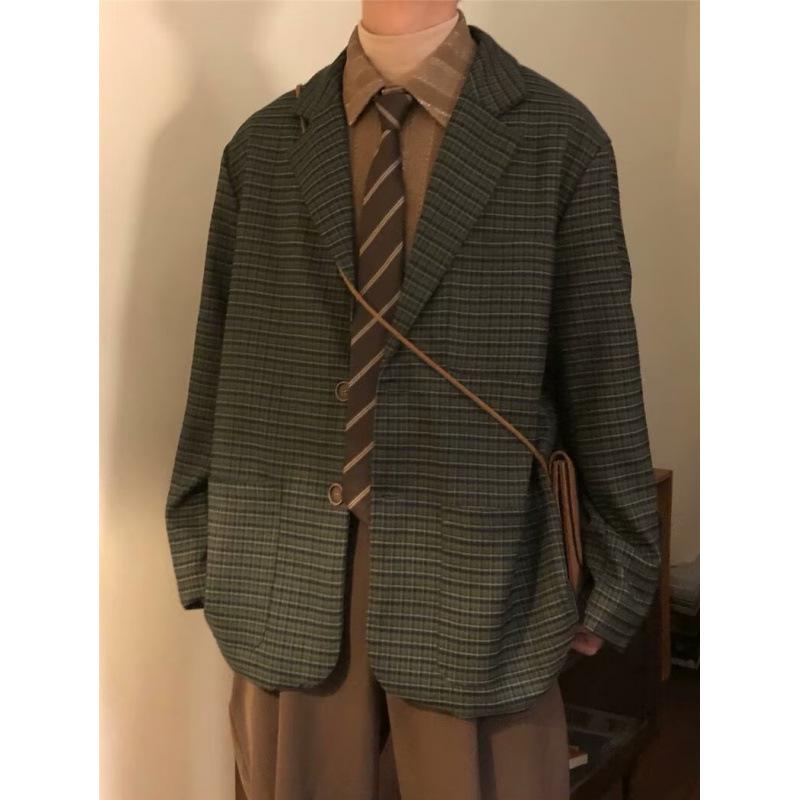 Unisex Japanese Retro Plaid Suit Jacket - Casual Spring/Autumn Vintage Style
