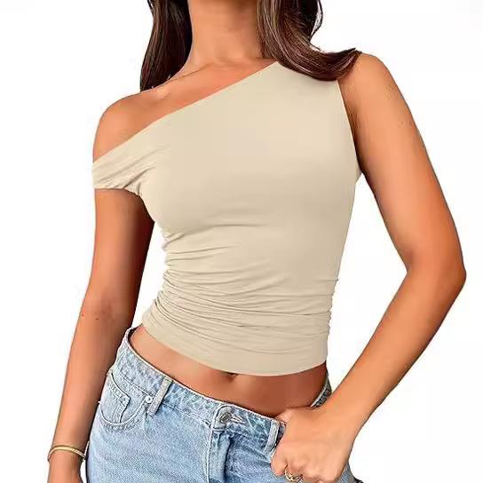 Slant Neck Top, Sexy Babes Slanted Shoulders, Solid Color Vest, Summer Women's Off-the-shoulder Pullover, Off-the-navel Women's Clothing