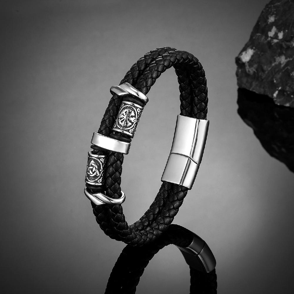 Norse Runes Double-Layer Genuine Leather Bracelet Men Stainless Steel Accessories Wristband Viking Couple Jewelry Handmade Gifts