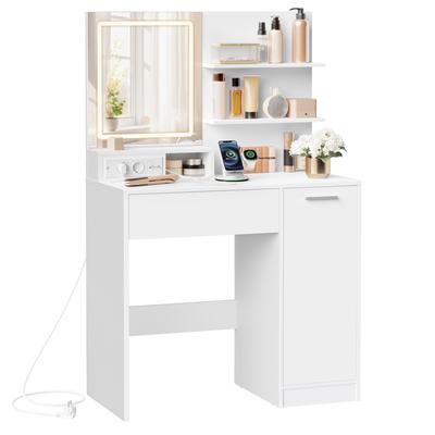 Kailyn Collection Dressing Table with LED Mirror and Power Strip, Cosmetic Table, Drawer and Open Shelves, Wardrobe with 2 Adjustable Shelves