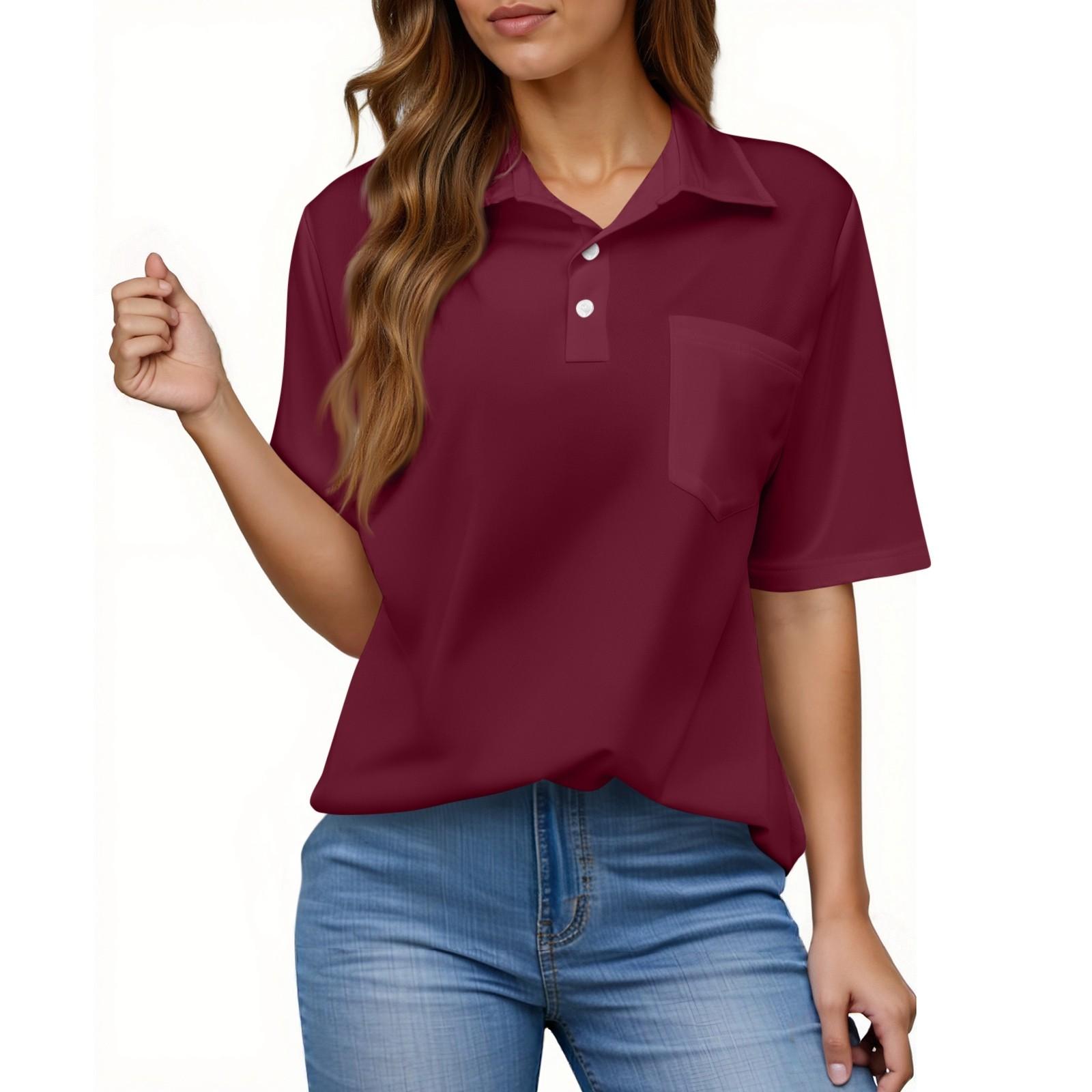 Women s Fashion Casual Button Pocket Shirt Short Sleeve Color Lapel Top XL винный