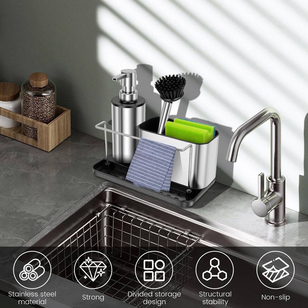 3-in-1 Zeepdispenser Pomp Set met Borstel Spons Houder Handdoekrek Keuken Spoelbak Afwasmiddel Dispenser Schoonmaakgereedschap Opbergruimte