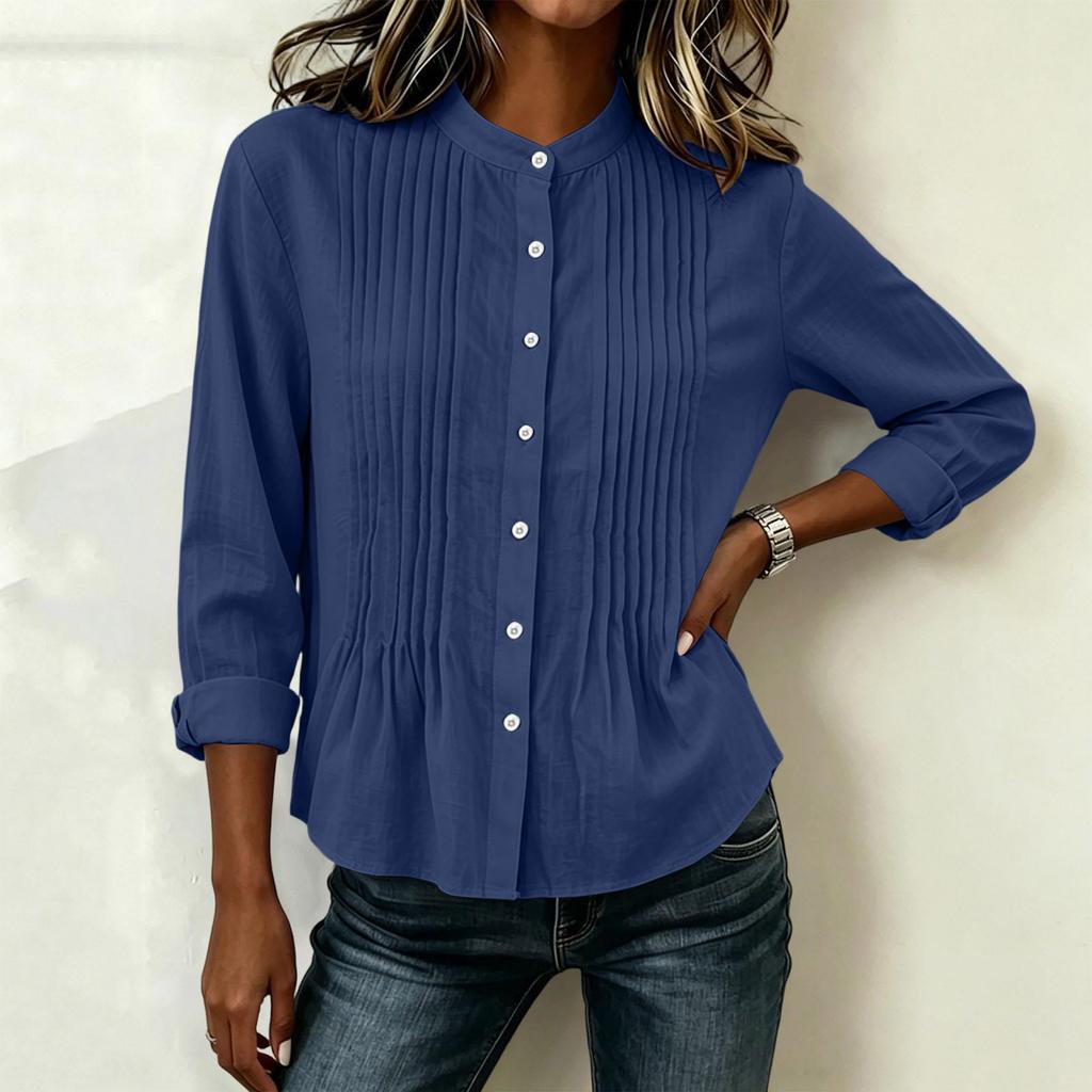 Women's Casual Long Sleeve Pleated Button Down Blouse