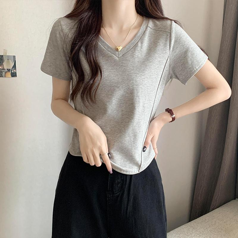 White short-sleeved T-shirt women's summer right shoulder slim design slim irregular short V-neck collarbone top