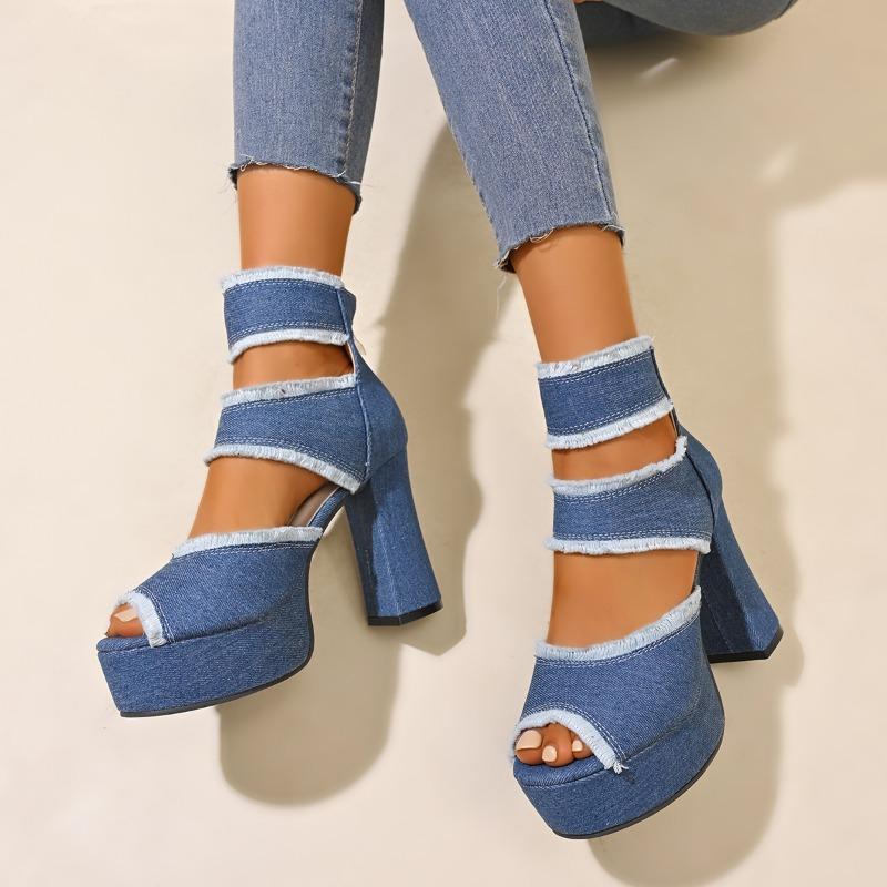 Fashion 2025 Summer New Women's Cover Heel Sandals with Platform Back Zip Ankle Wrap Denim Fashion Dress Party Plus Size Shoes for Women