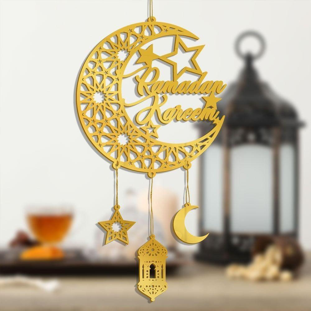 Acryl Eid Mubarak Wandanhänger Spiegel Hängende Dekoration Ramadan Kareem Türschild Goldener Mond Stern Tropfen Ornamente