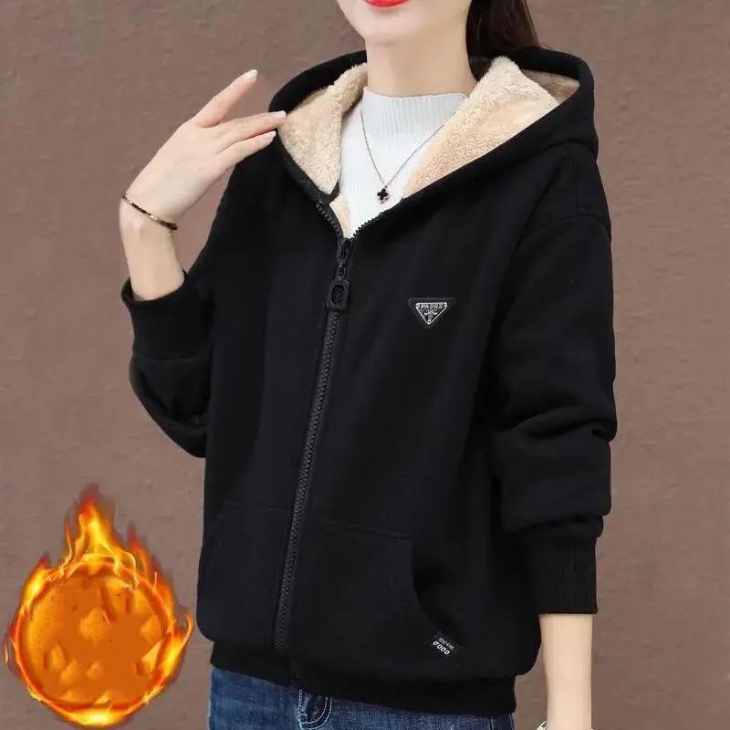 Women Autumn Winter Warm Casual Zip Up Fleece Hooded Sweatshirt Loose Thick Long Sleeve Hoodies Tops