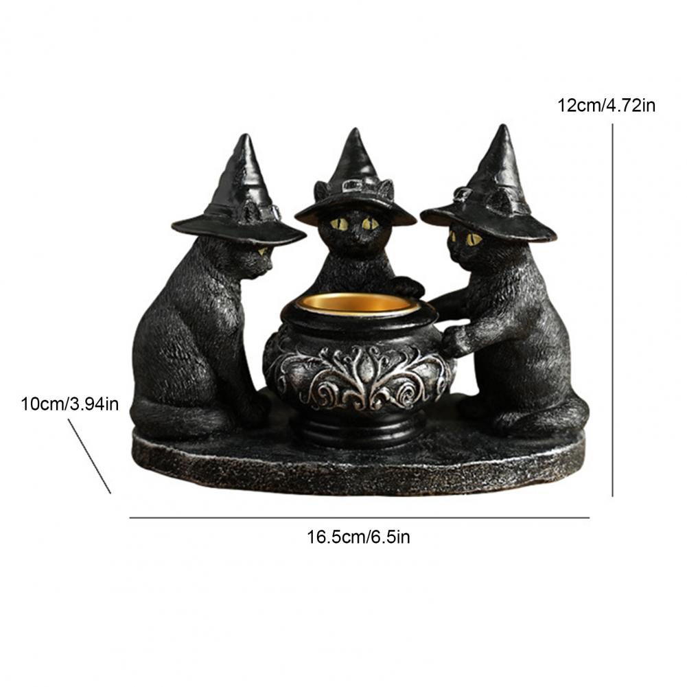 Festive Cat Decor Resin Black Cat Candle Holder with Witch Hat for Indoor Halloween Decor Spooky Tea Light Holder