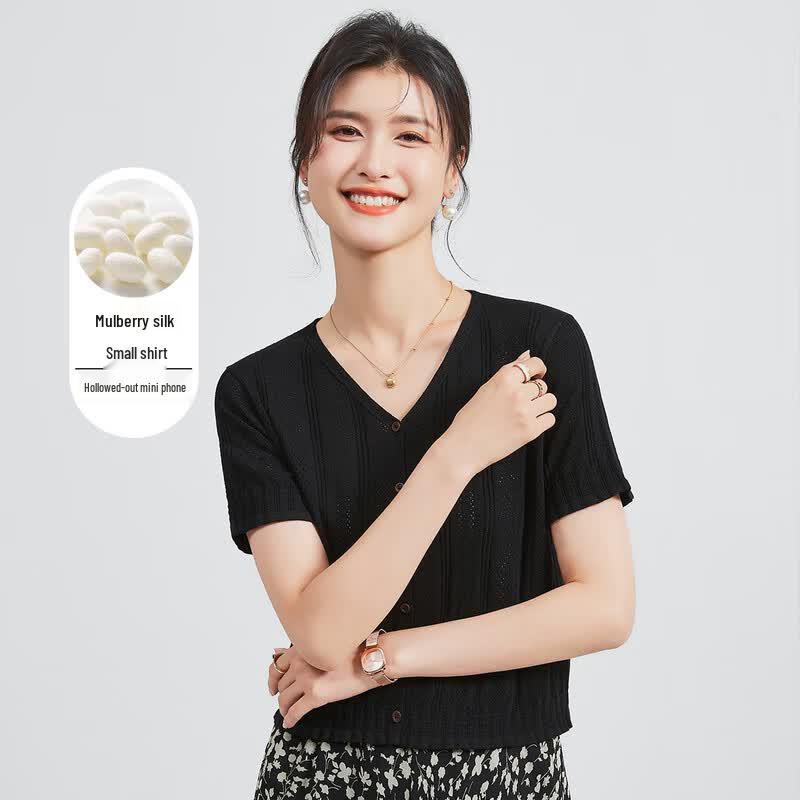 Women s Silk Blend Knit V-Neck Short Sleeve Top L