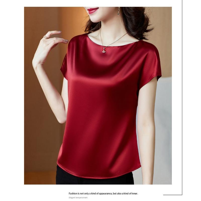 Round Neck Short Sleeve Women's Solid Color Mulberry Silk Top Large Size Loose Satin Bottoming Shirt