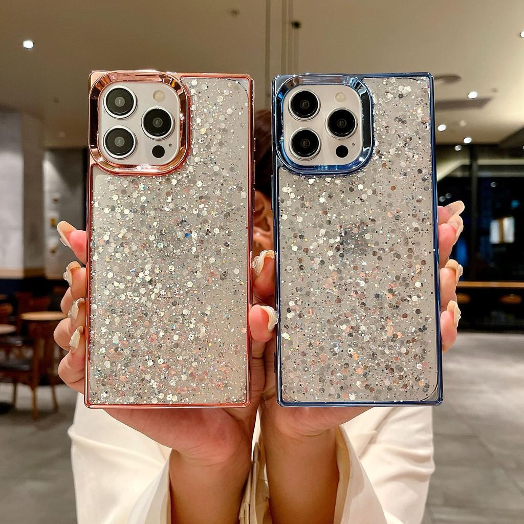 Electroplated square Epoxy sequin glitter iPhone16Promax mobile phone case for Apple 14Pro protective case