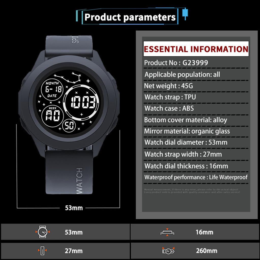 Essentials Men's Digital Watch Shockproof Round Dial 50m Waterproof Light-up Wristwatch for Time Organizing & Meeting