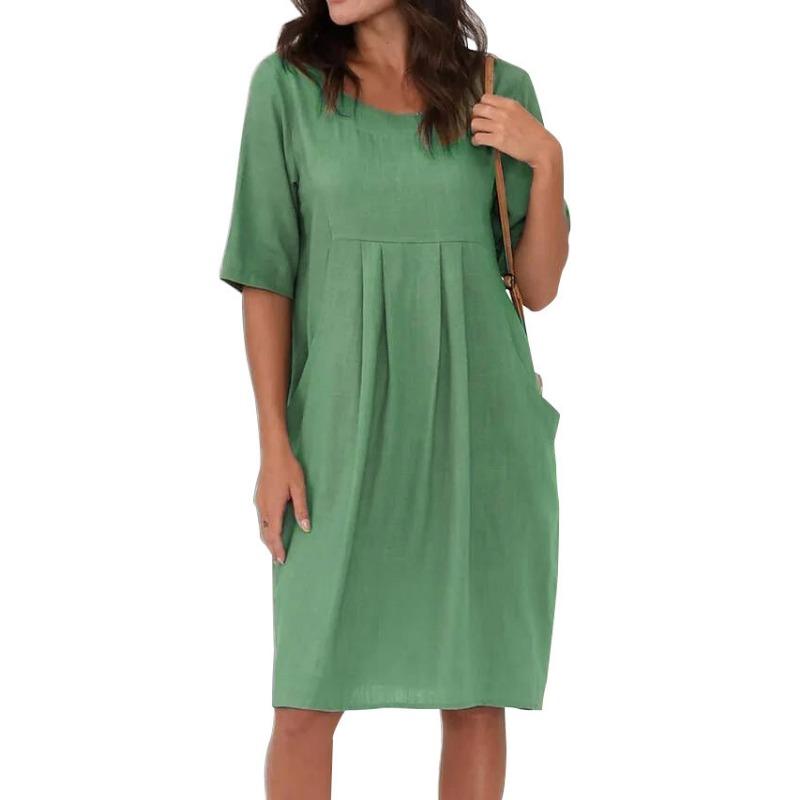 Robe d'été ample à col rond et manches courtes pour femmes grande taille mode plissée poches décontractée ample robes de fête simple élégant couleur unie vêtements