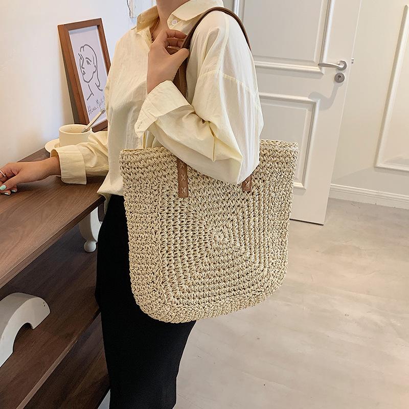 Yogodlns Summer Large Capacity Straw Shoulder Bag Rattan Beach Bags Woven Handle Bag