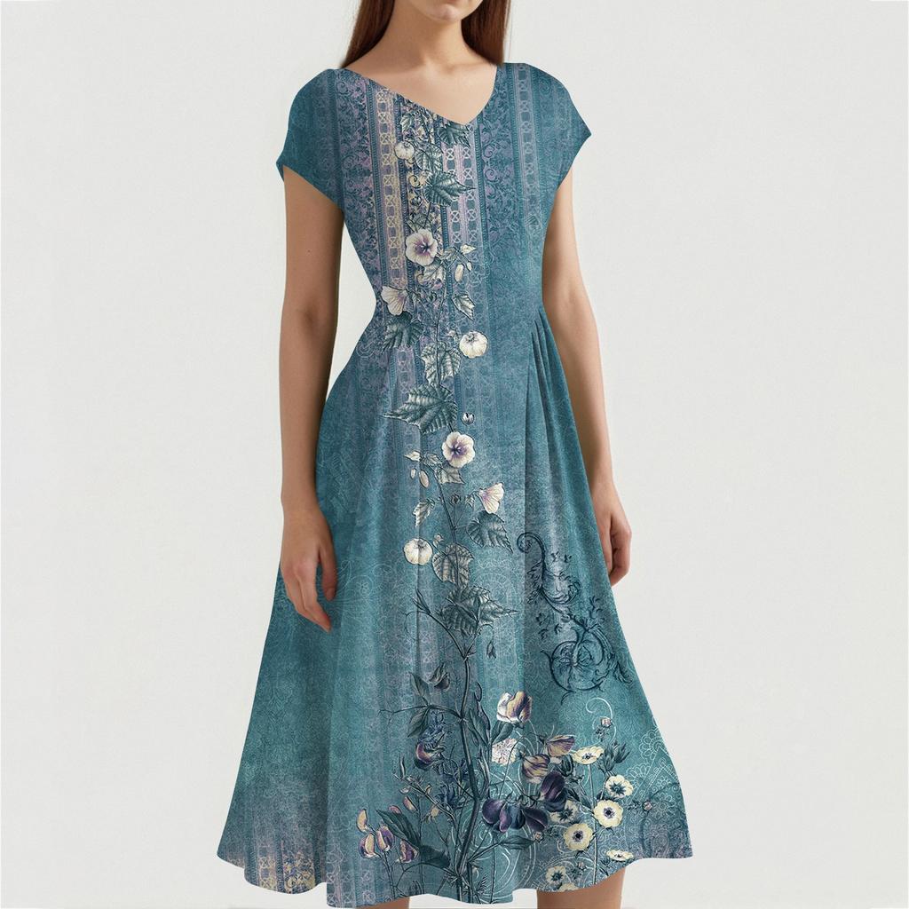 Women's Cap Sleeve Print V-Neck Sleeveless Patchwork Pleated Slim Fit Dress