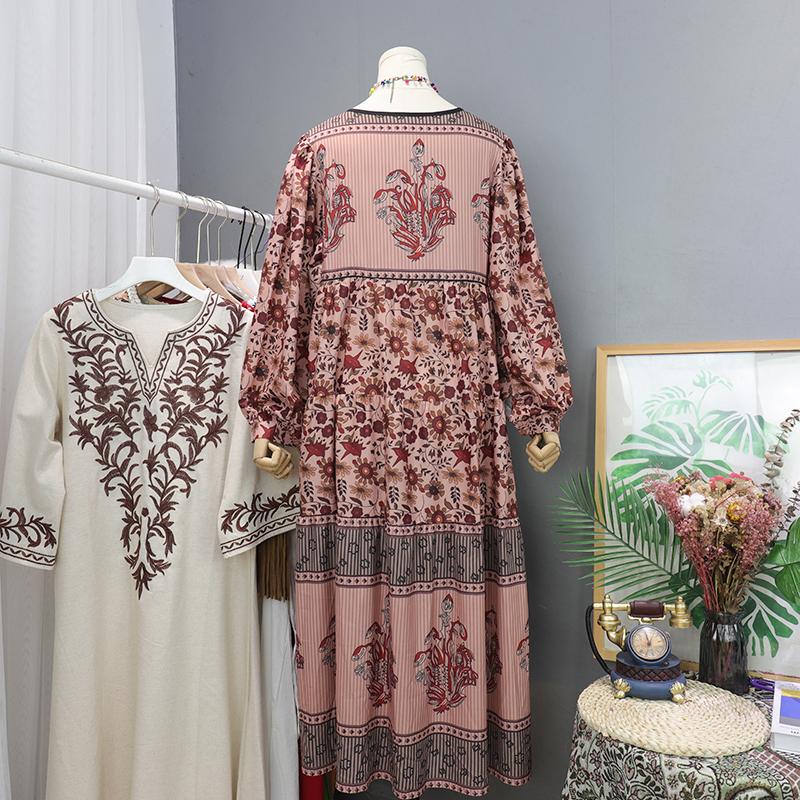 Dovolená Bohémský potisk Dlouhé šaty Jaro Podzim Retro Volné oblečení Elegantní Dlouhý rukáv Výstřih do V Šněrování Květinové Etnický styl Šaty