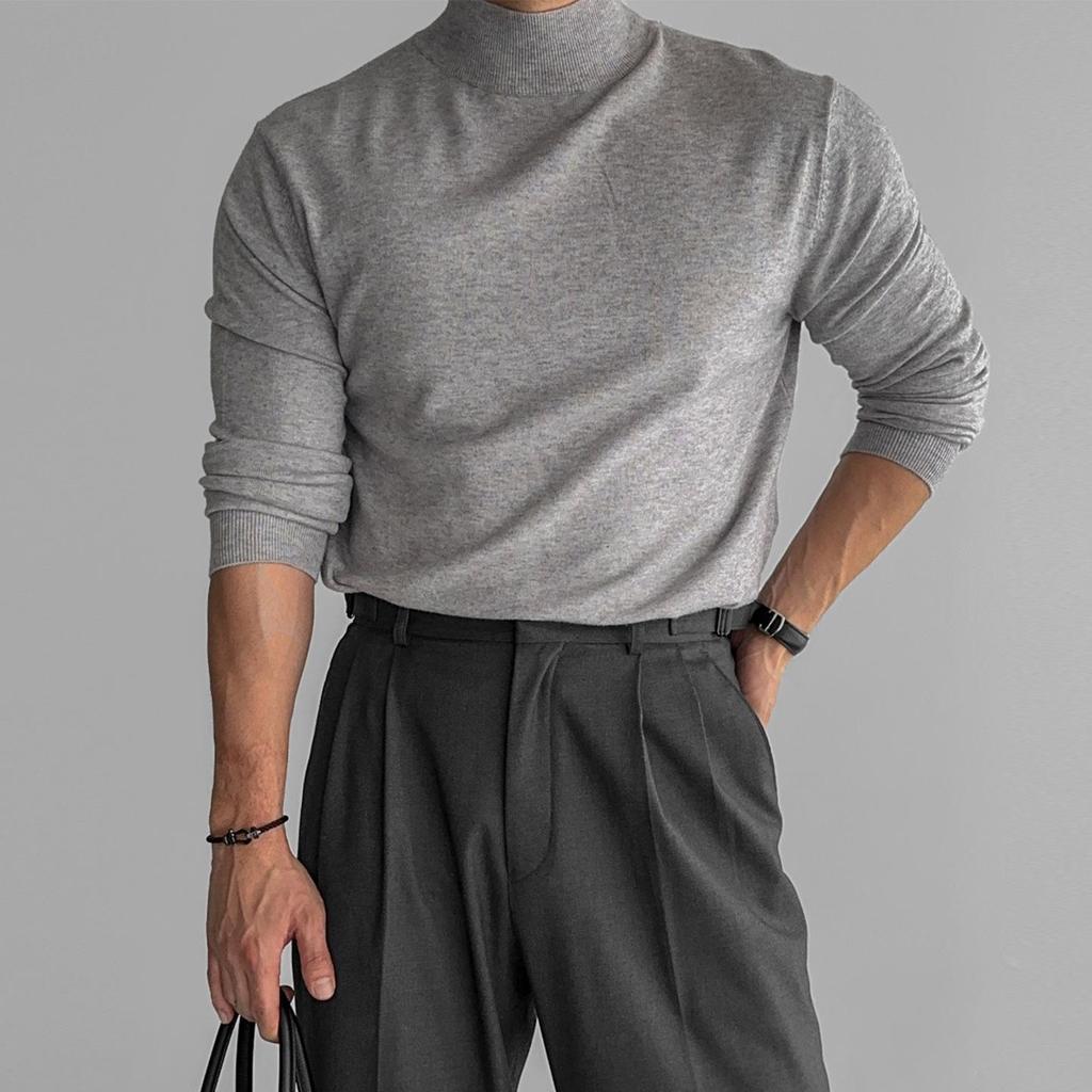 Herrenschwarzer Rollkragenpullover im Hongkong-Stil, Slim Fit, einfarbig, warme Strickware für Herbst/Winter