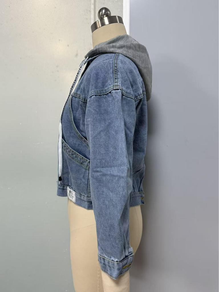 Veste en jean à capuche amovible pour femme, Printemps/Automne, Manches longues, Coupe courte