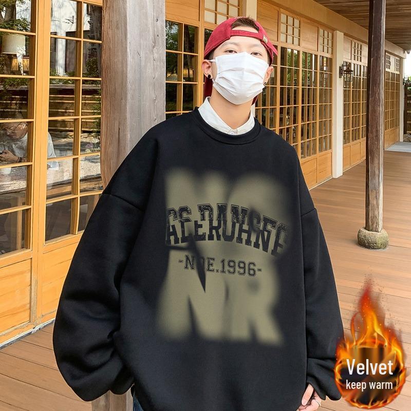 

Men s Autumn Fleece Sweatshirt: Trendy Print, Drop Shoulder, Long Sleeve, Versatile 3XL