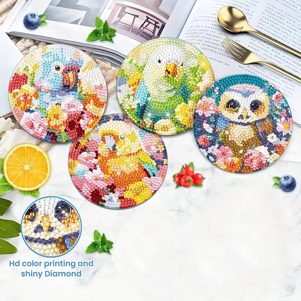 8 Stück/Set Untersetzer mit Diamantmalerei-Papageienmuster, DIY-Untersetzer mit Halter, Geeignet für Anfänger und Erwachsene, Kunst- und Bastelbedarf Geschenke