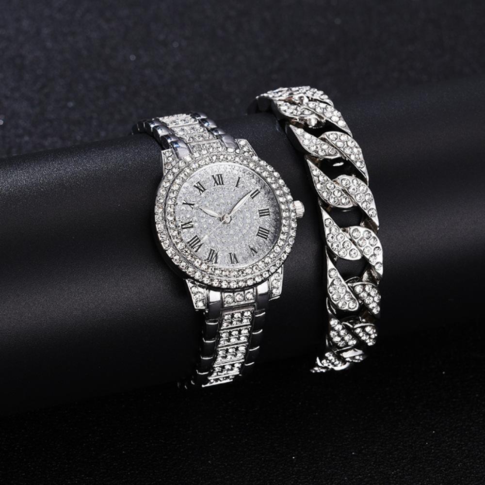 Trendy Roman Numerals Luxury Diamond-Encrusted Cuban Bracelet With Women'S Watch, Fashionable Hip-Hop Steel Watch