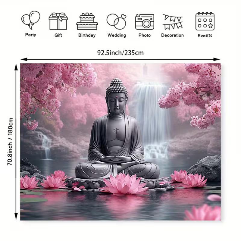 2D Zen Buddha Tapestry Cherry Blossom Waterfall Backdrop Cloth for Living Room