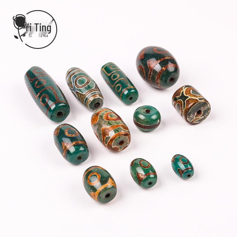 Green Agate Three-Eyed Nine-Eyed Dzi Beads Handmade Retro Necklace Accessories.