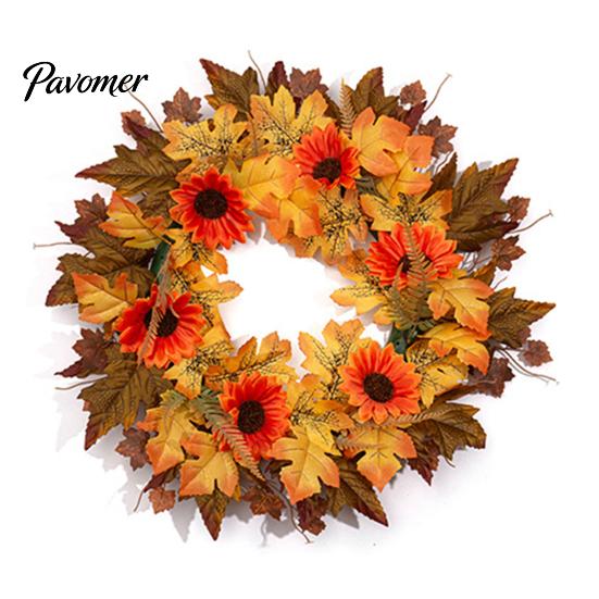 Artificial Sunflower Wreath Fall Maple Leaf with Pumpkin Pinecone, Thanksgiving Harvest Outdoor Weatherproof Floral Swag Wreath, Indoor Autumn