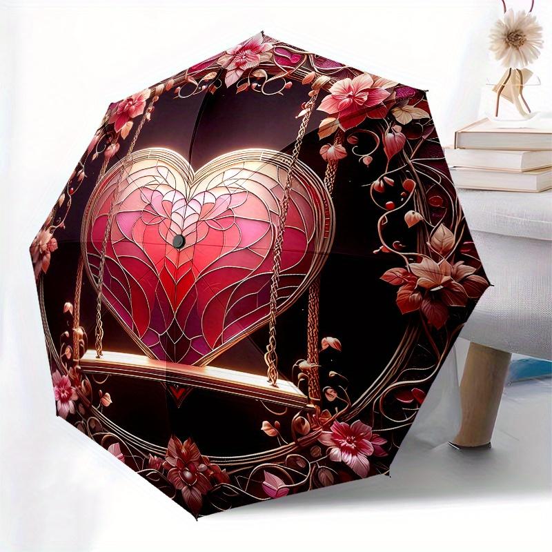 Romantic Heart Swing Wall Art Decor Umbrella, Cute Umbrella with Cute Design, Portable 3-Fold Compact Umbrella for Men & Women, Valentine's Day Mother