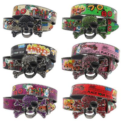 Nouvelle Crâne avec Diamant Graffiti Ceinture Décontractée Polyvalente Individuelle Décoration Ceinture Strass Polyvalente Européenne et Américaine