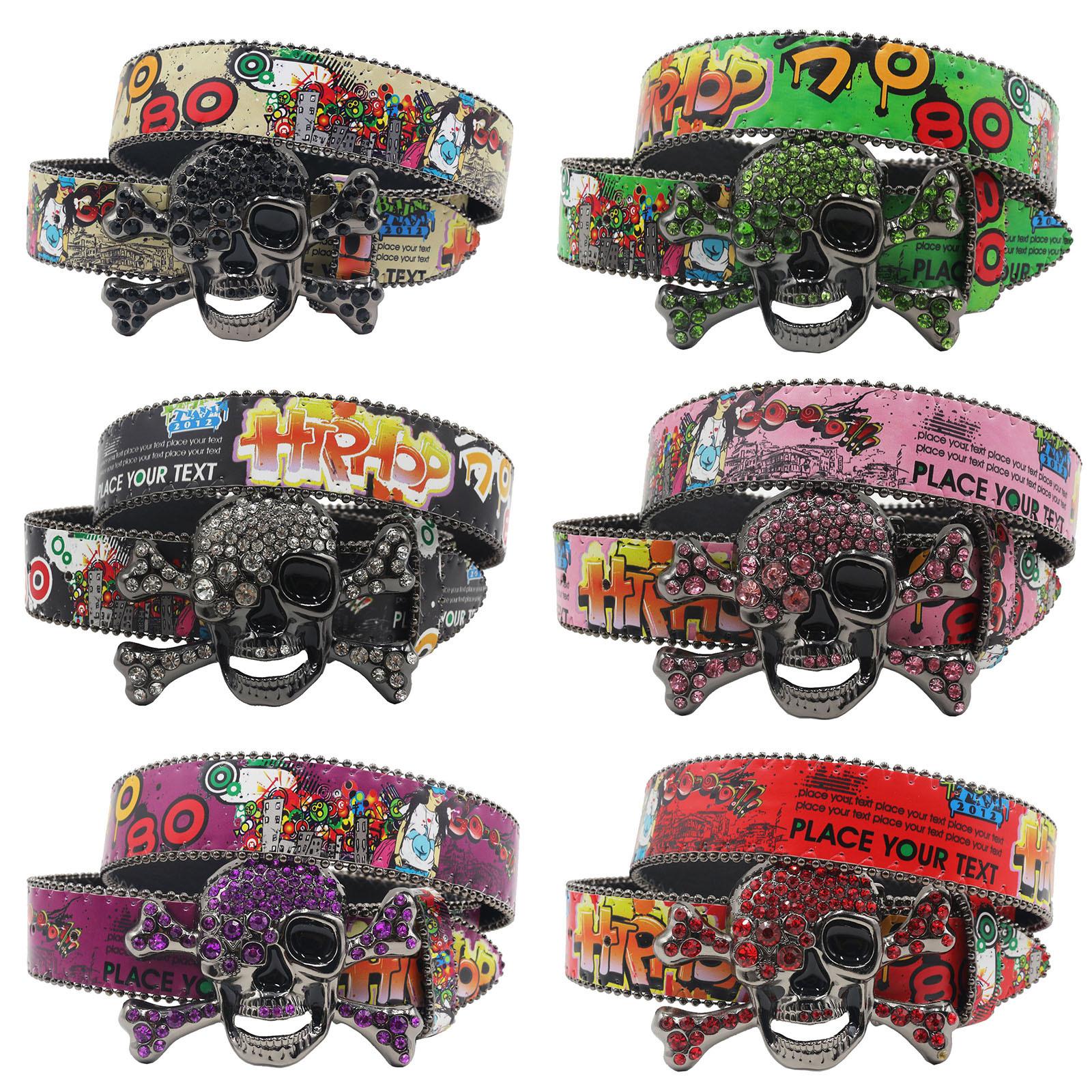 Writing A Notebook Women's New Skull With Diamond Graffiti Casual Versatile Individual Belt Rhinestone Belt Decoration European And American Versatile 125Cm
